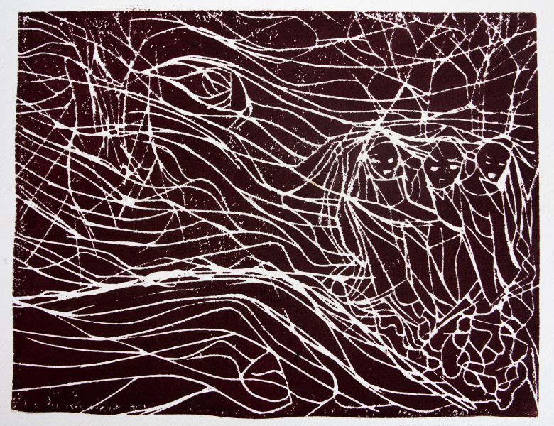 sur l'eau - gravure sur bois - 32x42 cm -