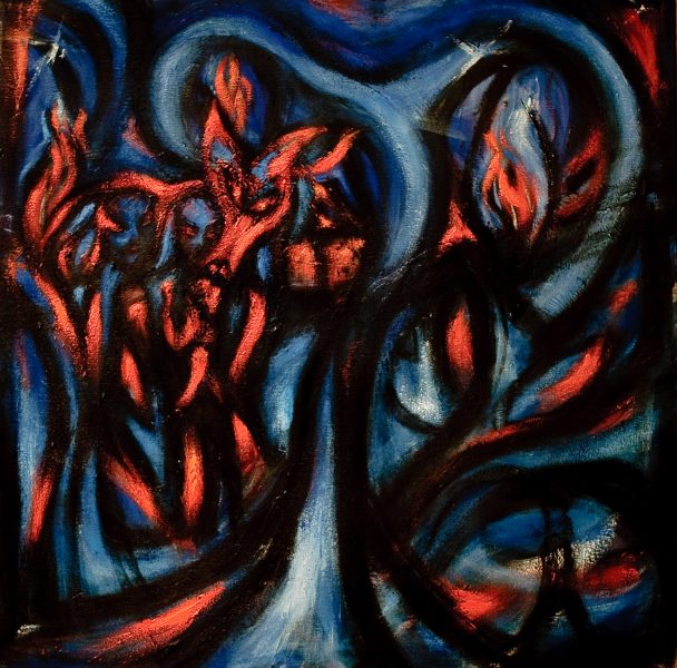 les loups crépusculaires, enfantement - 100 cm x 100 cm - acrylique sur toile