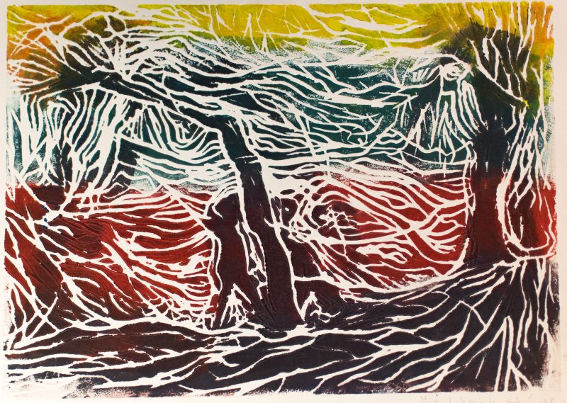 sous les saules - 40 x 50 cm - gravure sur bois