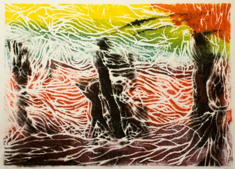 sous les saules - 40 x 50 cm - gravure sur bois